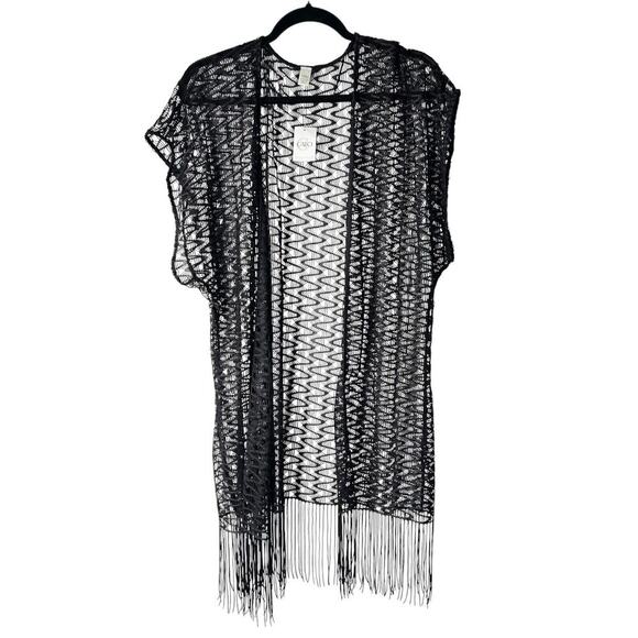 Cato Swim Cover Up Womens One Size Black Open Front Short Sleeve Fringe Trim - Picture 1 of 12